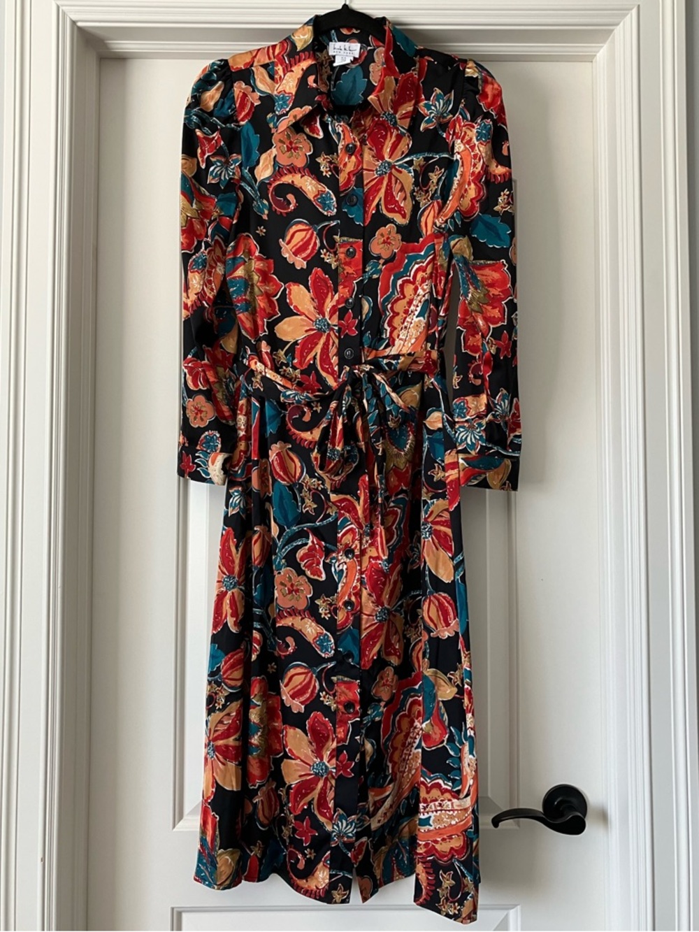 Nicole Miller Black Multicolor Floral Long-Sleeve Midi Dress